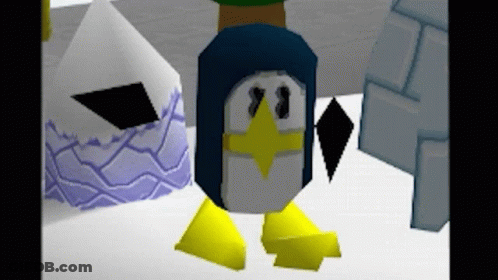 A Blue And White Penguin With Yellow Feet And A Diamond On Its Head GIF