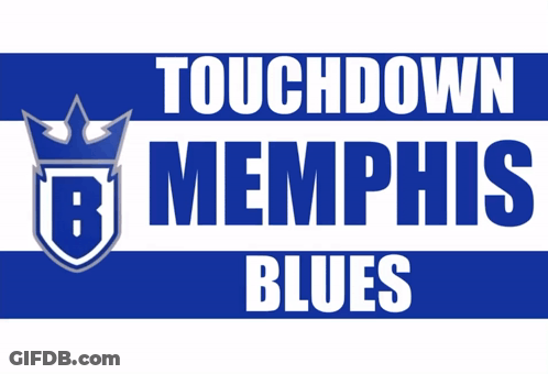 A Blue And White Sign That Says Touchdown Memphis Blues On It GIF