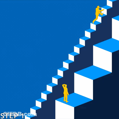 A Blue And White Staircase With The Words Small Steps Forward Step 1 Below It GIF