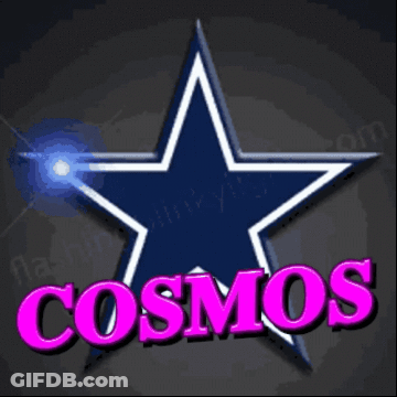 A Blue And White Star With The Word Cosmos Written On It GIF