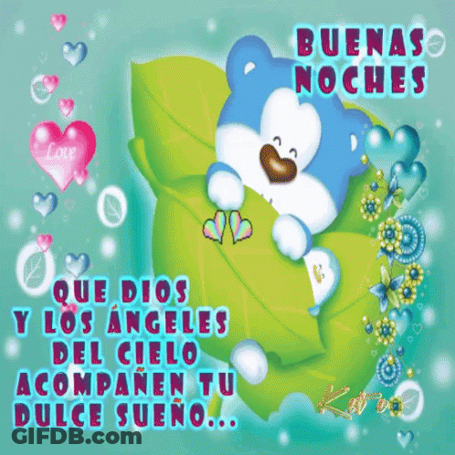 A Blue And White Teddy Bear Laying On A Green Leaf With The Words Buenas Noches In The Background GIF