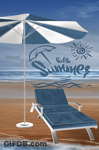 A Blue And White Umbrella On The Beach With The Words Hello Summer GIF