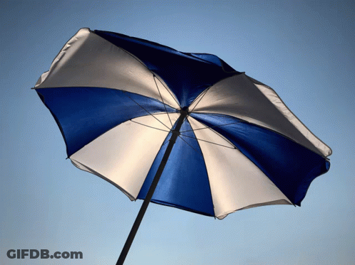 A Blue And White Umbrella With A Blue Sky In The Background GIF