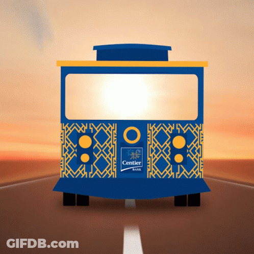 A Blue And Yellow Bus That Says Centier Bank On It GIF