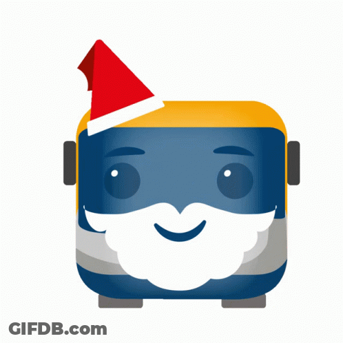 A Blue And Yellow Bus With A Santa Hat On GIF