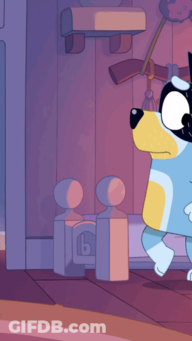 A Blue And Yellow Cartoon Dog Is Running In A Dark Room GIF