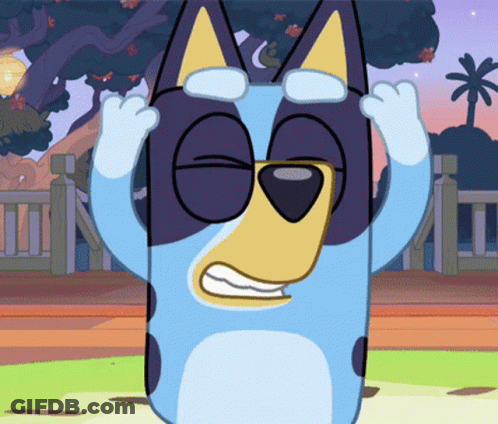 A Blue And Yellow Cartoon Dog With A Funny Face GIF