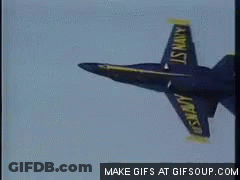 A Blue And Yellow Fighter Jet Is Flying Through A Blue Sky GIF