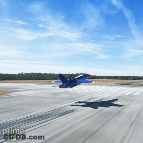 A Blue And Yellow Fighter Jet Is Taking Off From A Runway With The Word Prime On The Bottom Right GIF
