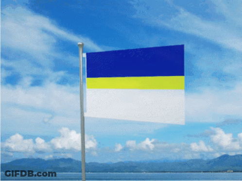 A Blue And Yellow Flag Is Flying In The Wind Over A Body Of Water GIF