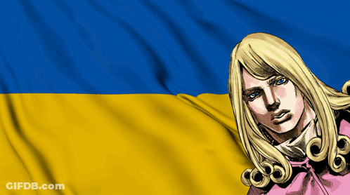A Blue And Yellow Flag With A Drawing Of A Girl In Front Of It GIF