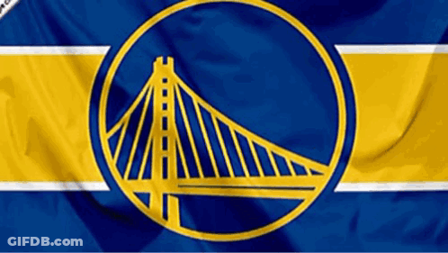 A Blue And Yellow Flag With A Golden State Warriors Logo GIF