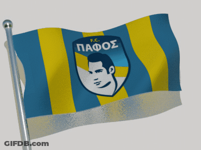 A Blue And Yellow Flag With A Man 'S Face And The Word Pafos GIF