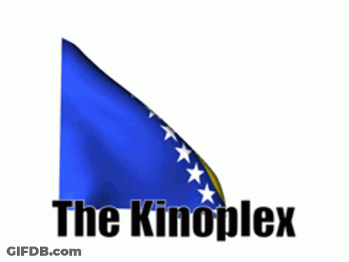 A Blue And Yellow Flag With The Words " The Kinoplex " Underneath It GIF