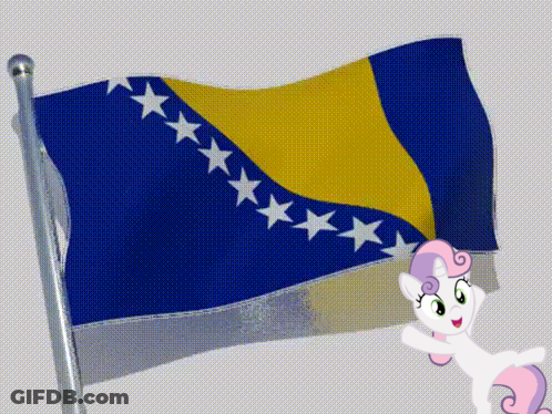 A Blue And Yellow Flag With White Stars And A Pink Pony Standing Next To It GIF