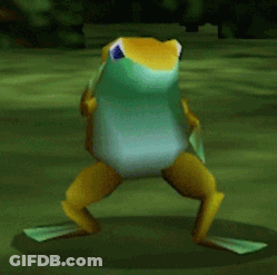 A Blue And Yellow Frog With A Blue Eye Is Standing On Its Hind Legs GIF