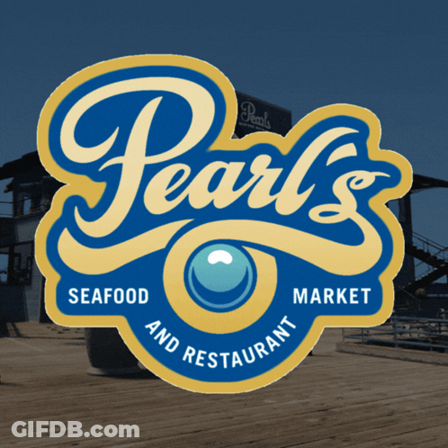 A Blue And Yellow Logo For Pearl 'S Seafood Market GIF