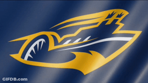 A Blue And Yellow Logo That Looks Like A Shark GIF