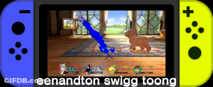 A Blue And Yellow Nintendo Switch With The Words Eenandton Swigg Toong At The Bottom GIF