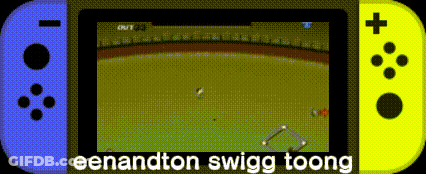 A Blue And Yellow Nintendo Switch With The Words Eenandton Swigg Toong On It GIF
