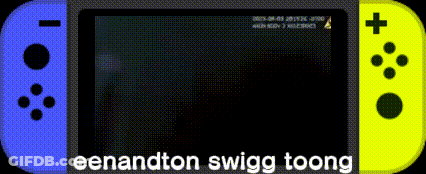 A Blue And Yellow Nintendo Switch With The Words Eenandton Swigg Toong On The Bottom GIF