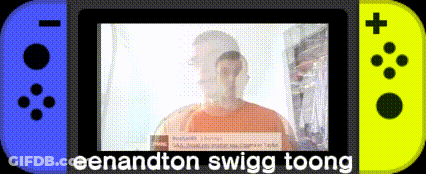 A Blue And Yellow Nintendo Switch With The Words Eenandton Swigg Toong On The Screen GIF
