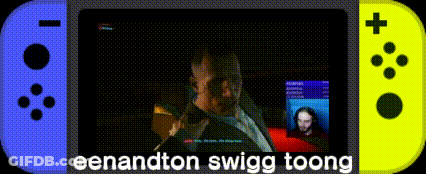 A Blue And Yellow Nintendo Switch With The Words Eenandton Swigg Toong On The Screen GIF