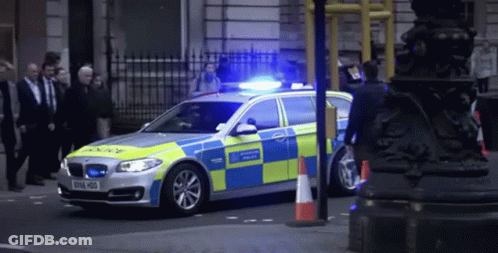 A Blue And Yellow Police Car With A License Plate That Says E916 H00 GIF