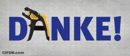 A Blue And Yellow Sign That Says Danke With A Wire Stripper GIF