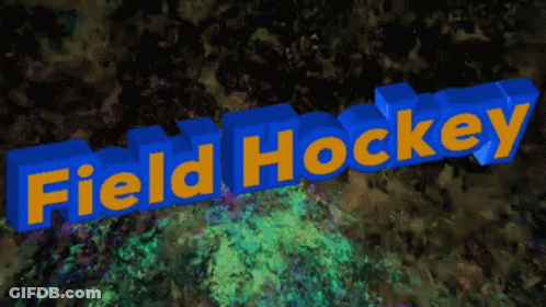 A Blue And Yellow Sign That Says Field Hockey On It GIF