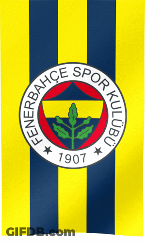 A Blue And Yellow Striped Flag With The Fenerbahce Logo GIF