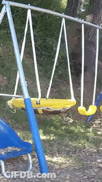A Blue And Yellow Swing Set With A Yellow Swing In The Middle GIF