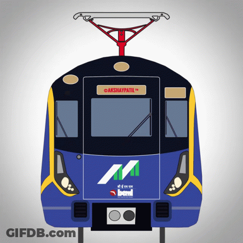 A Blue And Yellow Train With A Sign That Says Akshaypatil GIF