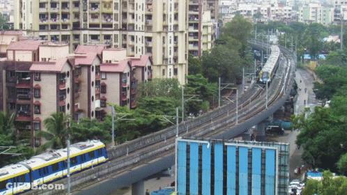 A Blue And Yellow Train With The Letter T On The Side GIF