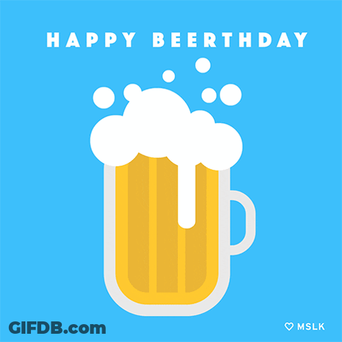 A Blue Background With A Beer Mug And The Words Happy Beerthday GIF