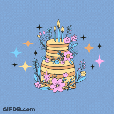 A Blue Background With A Birthday Cake And The Words " Happy Birthday " GIF