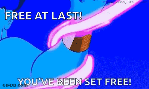 A Blue Background With A Cartoon Character And The Words `` Free At Last You 'Ve Been Set Free '' GIF