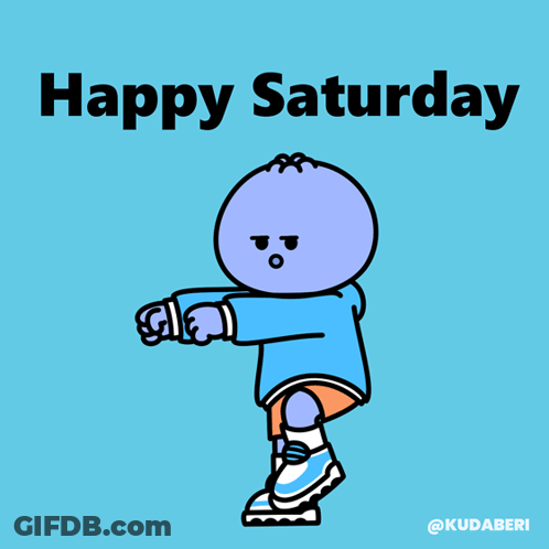 A Blue Background With A Cartoon Character And The Words Happy Saturday On It GIF