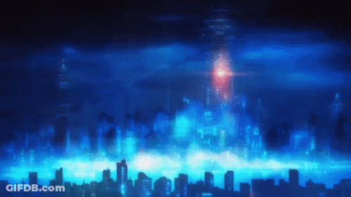 A Blue Background With A City In The Foreground And A Red Light In The Background GIF