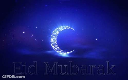 A Blue Background With A Crescent Moon And The Words Eid Mubarak In White GIF