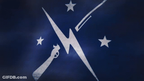 A Blue Background With A Crossed Sword And Two Stars On It GIF
