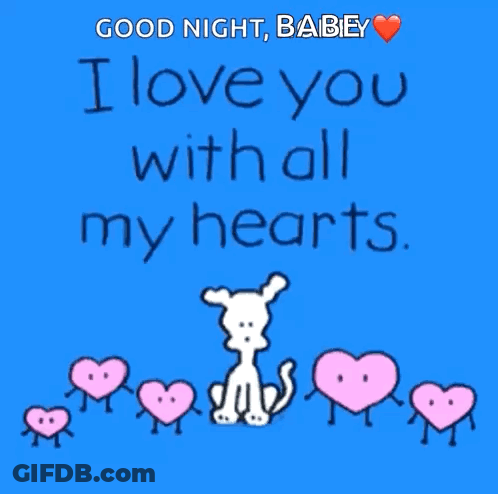 A Blue Background With A Dog And Hearts That Say Good Night Babey GIF