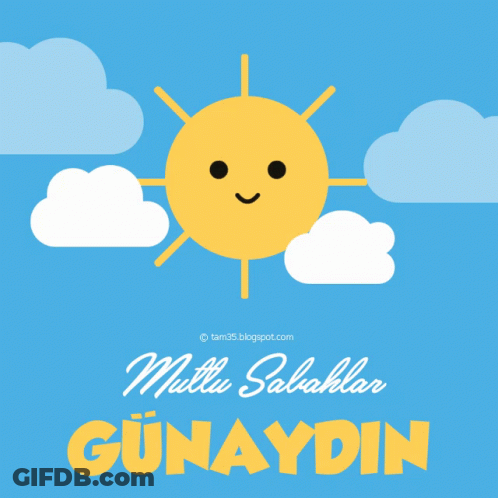 A Blue Background With A Smiling Sun And The Words " Mutlu Sabahlar Gunnaydin " GIF