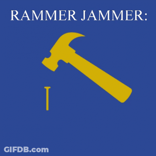 A Blue Background With A Yellow Hammer And The Words Rammer Jammer Bummer On It GIF