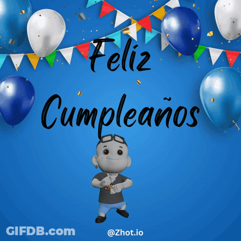 A Blue Background With Balloons And The Words Feliz Cumpleanos Written On It GIF