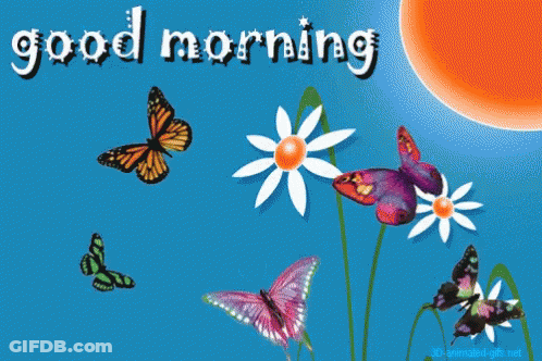 A Blue Background With Butterflies And Flowers And The Words Good Morning On It GIF