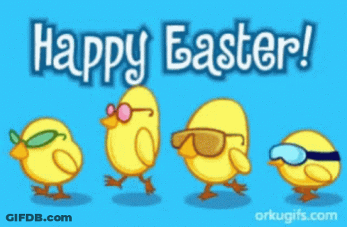 A Blue Background With Chicks Wearing Sunglasses And The Words Happy Easter GIF