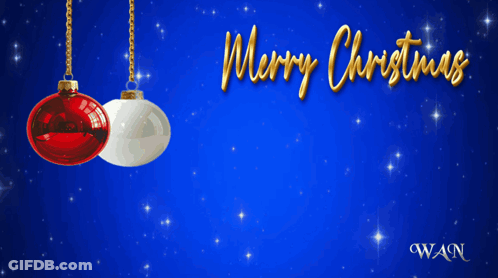 A Blue Background With Christmas Ornaments And The Words Merry Christmas & Happy New Year GIF