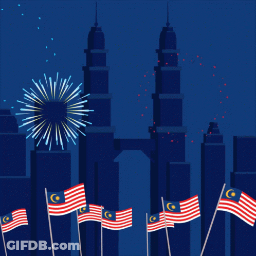 A Blue Background With Fireworks And The Words Selamat Hari Malaysia In Yellow GIF
