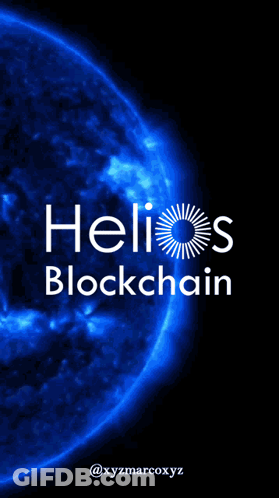 A Blue Background With Helios Blockchain Written In White Letters GIF